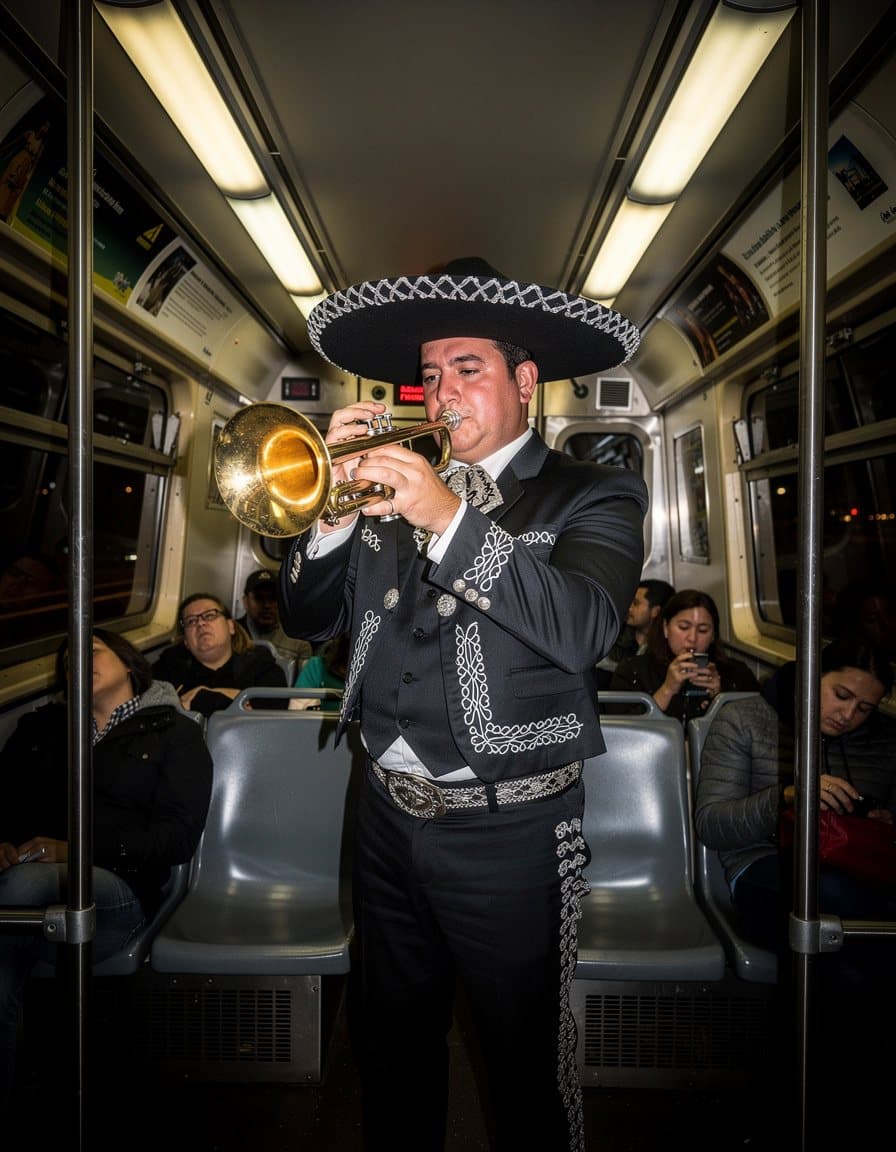 Un mariachi tocando la trompeta en un vagón de metro casi vacío a medianoche, con flash directo