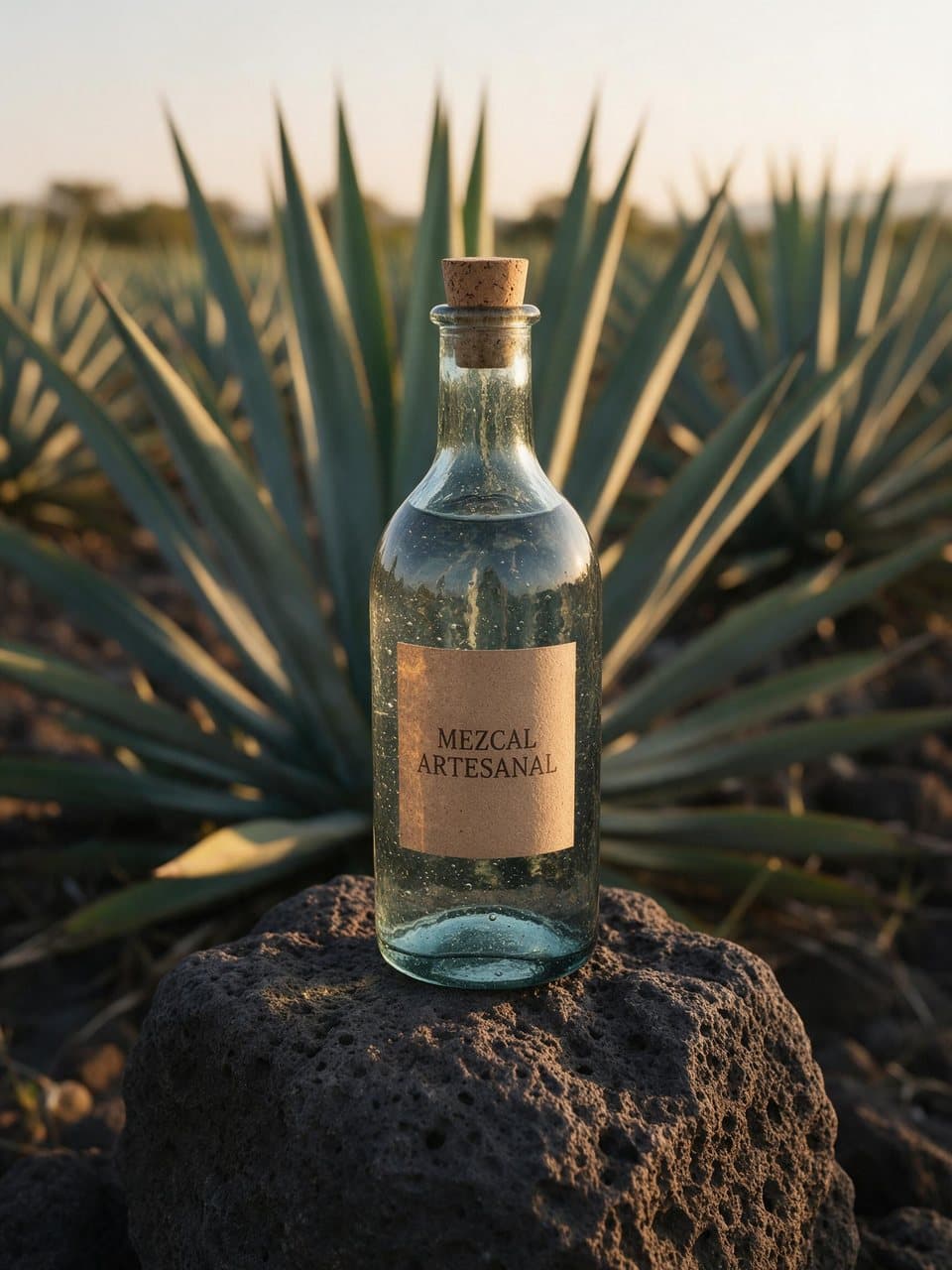 Una botella de mezcal artesanal sobre piedra volcánica, con agaves detrás al atardecer
