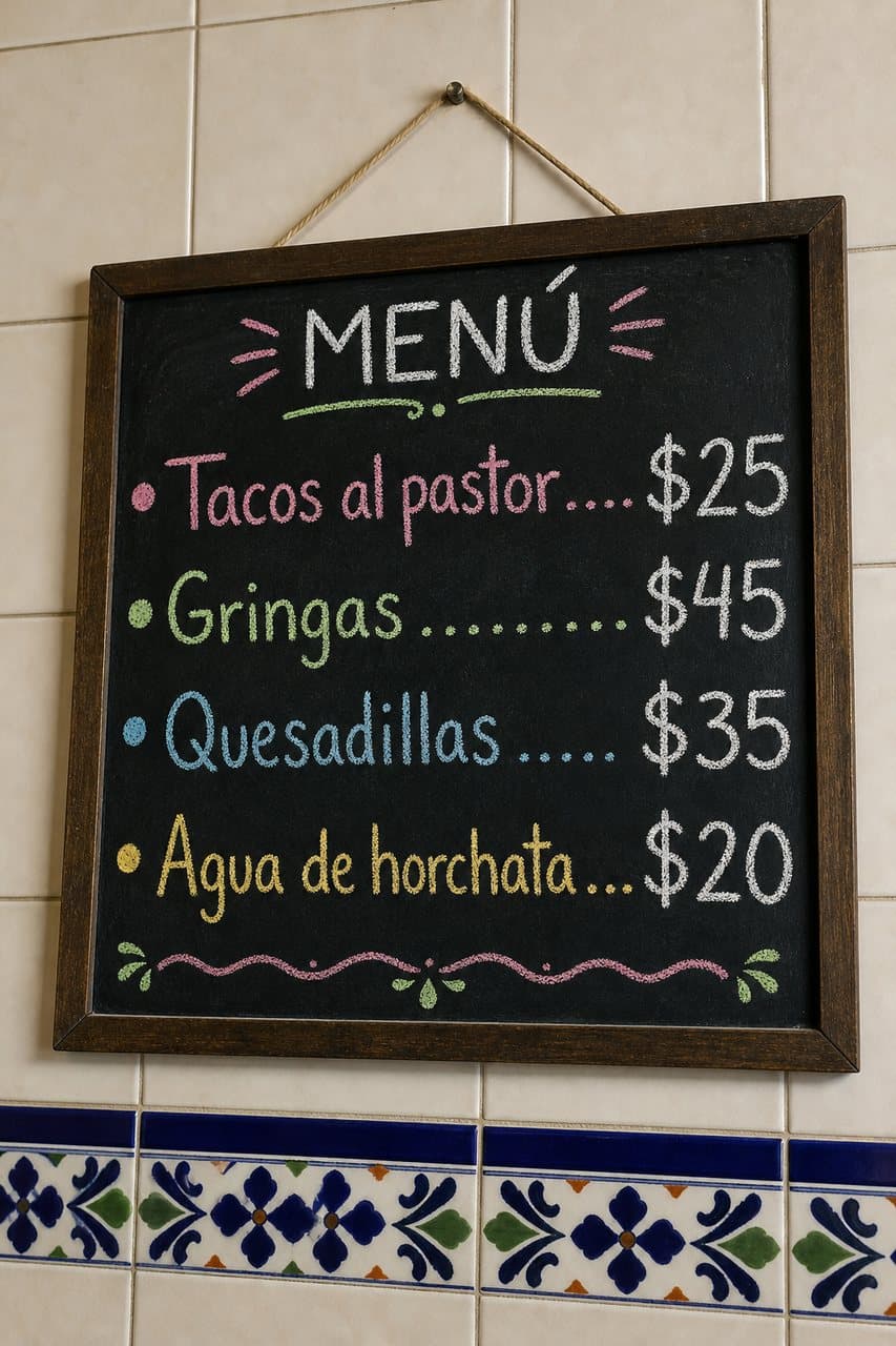 Pizarra escrita a mano con los precios de tacos al pastor, gringas, quesadillas y agua de horchata