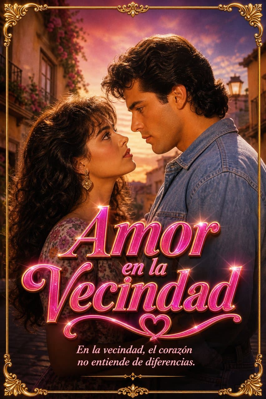 Póster de la telenovela Amor en la Vecindad con dos protagonistas a punto de besarse y letras rosas