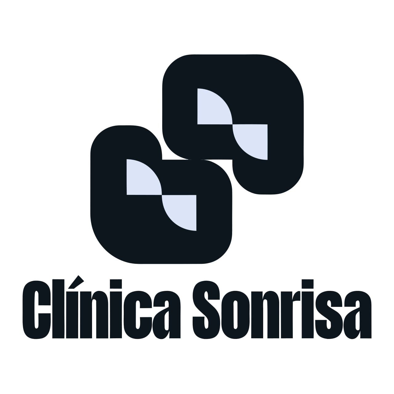 Logo de Clínica Sonrisa: dos cuadros negros redondeados con formas blancas sobre el nombre en letras condensadas