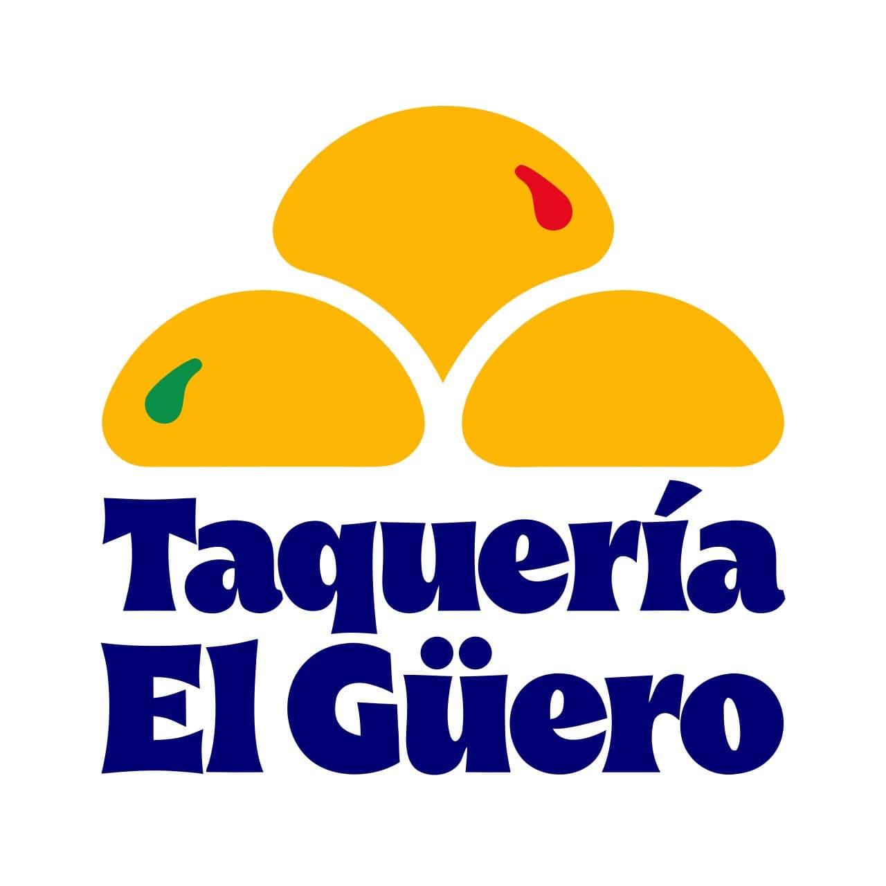 Logo de Taquería El Güero: tres tacos amarillos con salsa sobre el nombre en letras azules gruesas