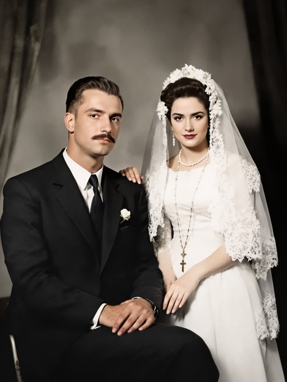 Retrato de boda restaurado y coloreado: novio de bigote sentado y novia de velo largo con un rosario