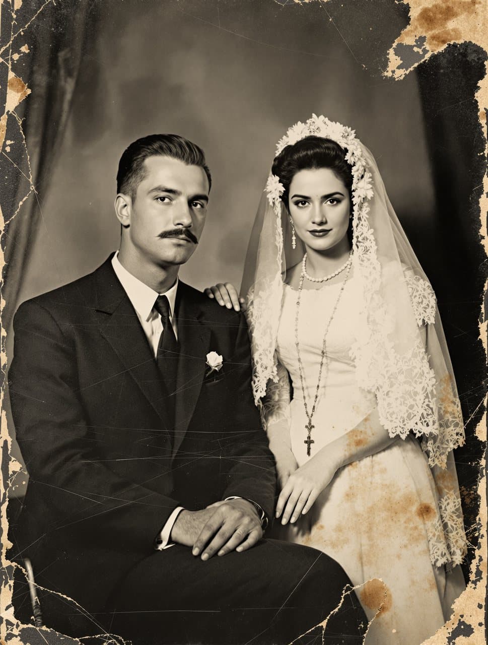 Retrato de boda en blanco y negro rayado, doblado y con manchas de agua