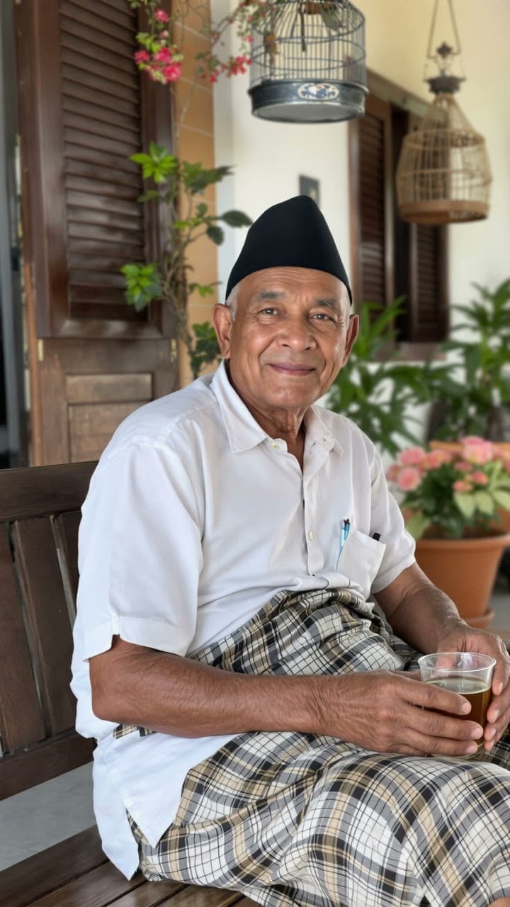 Klip seorang kakek berpeci dan bersarung yang tersenyum lebar di teras rumah
