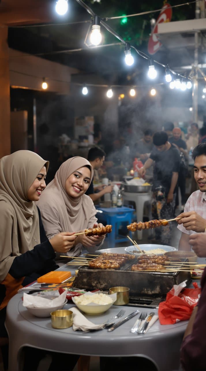 Foto teman-teman makan sate di meja plastik di pasar malam