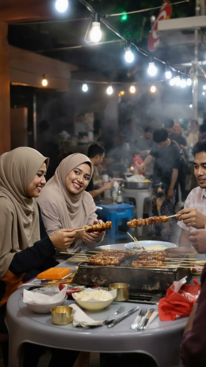 Klip dua perempuan berhijab menyantap sate di pasar malam yang berasap
