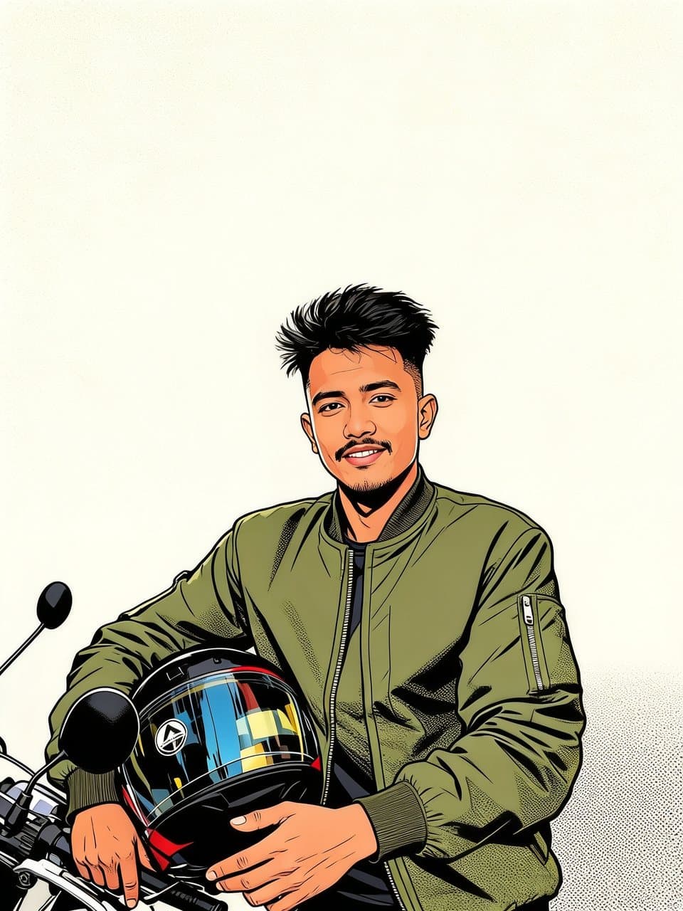 Ilustrasi komik seorang pemuda berjaket hijau zaitun memegang helm di samping motor