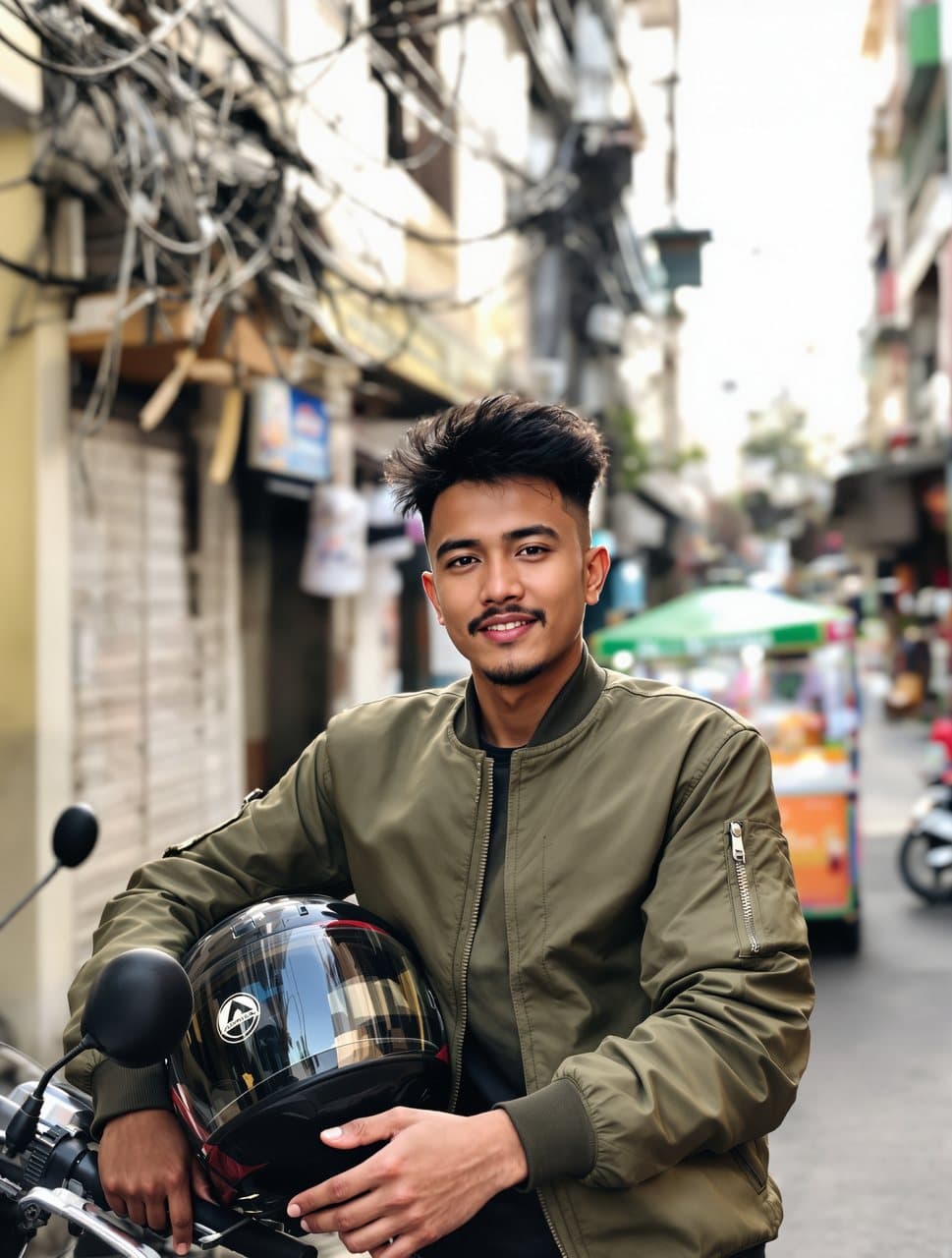 Foto seorang pemuda berjaket hijau zaitun memegang helm di gang sempit Jakarta