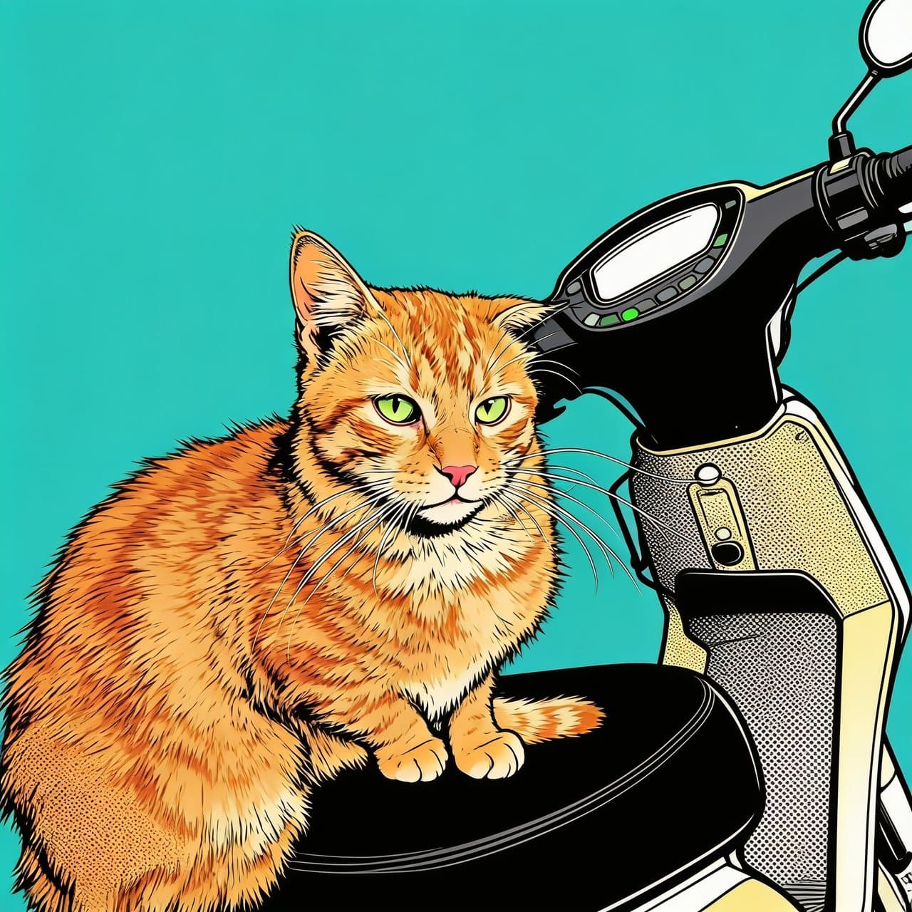 Ilustrasi komik kucing oranye bertelinga lipat yang duduk di jok motor
