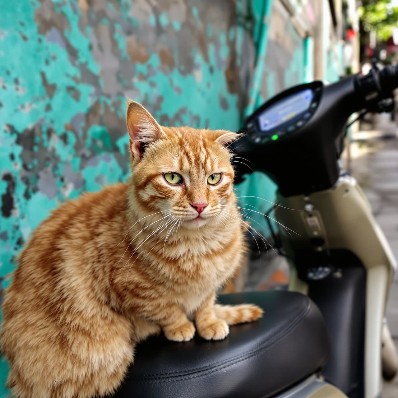 Foto kucing oranye bertelinga lipat di jok motor di depan tembok toska