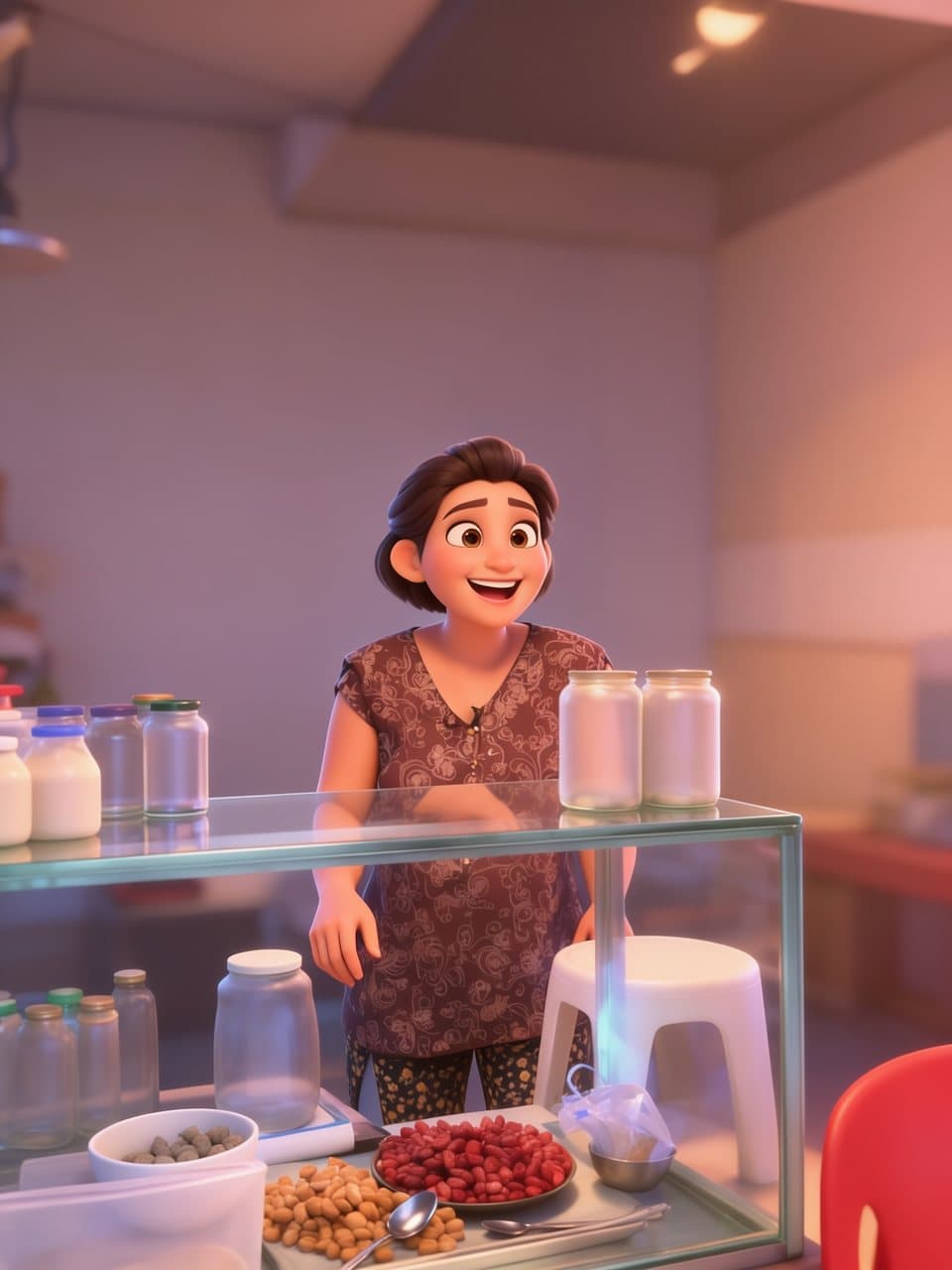 Ilustrasi animasi 3D seorang ibu berbaju batik yang tersenyum di balik etalase warung