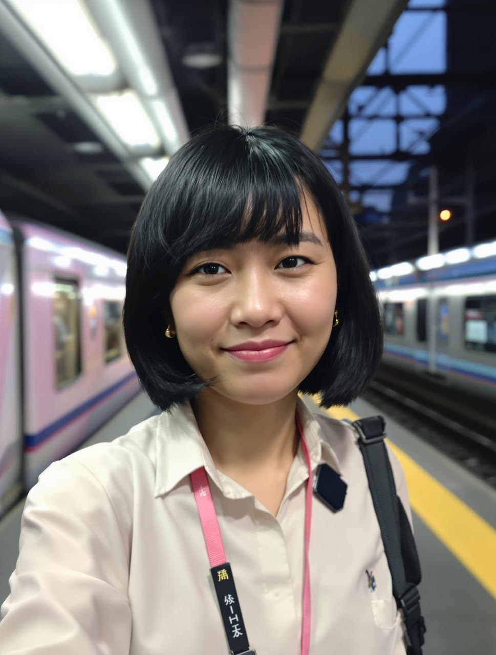 Perempuan berambut bob dengan lanyard di peron kereta saat senja