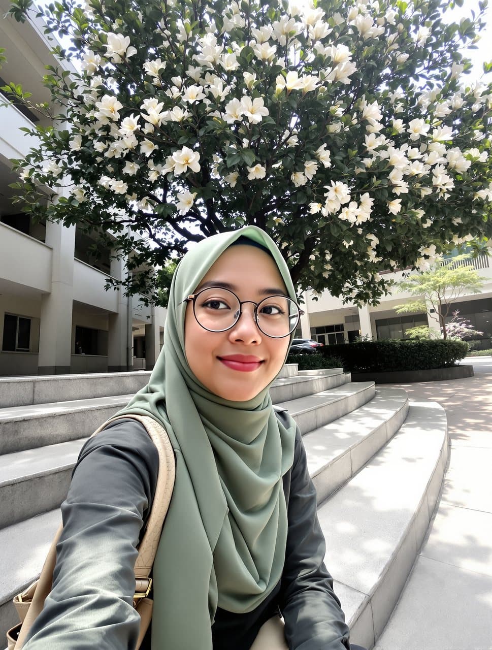 Swafoto mahasiswi berhijab hijau sage dan berkacamata di tangga kampus