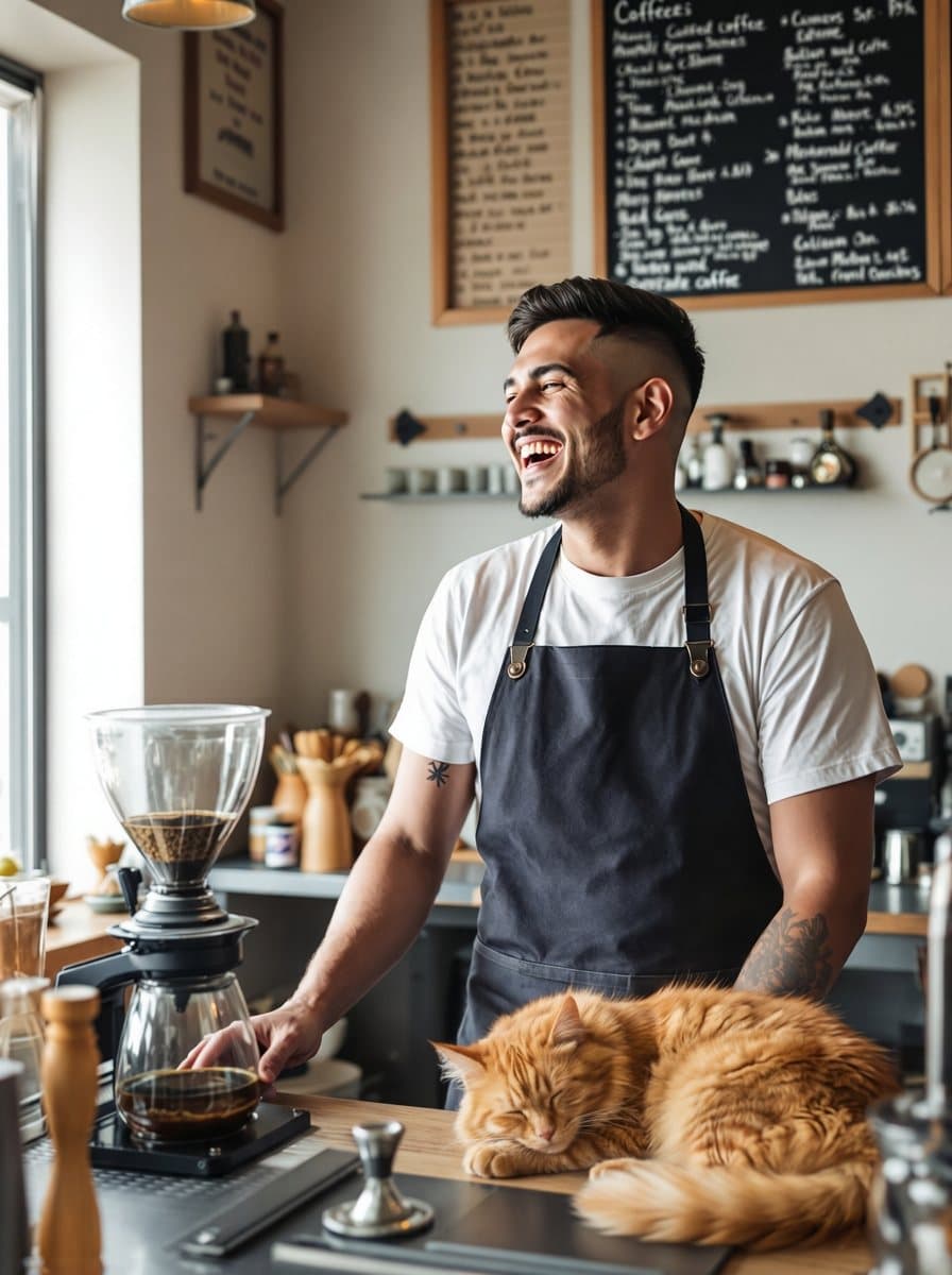 Barista yang sama di kedai kopinya, kini dengan kucing oranye yang tidur di meja bar