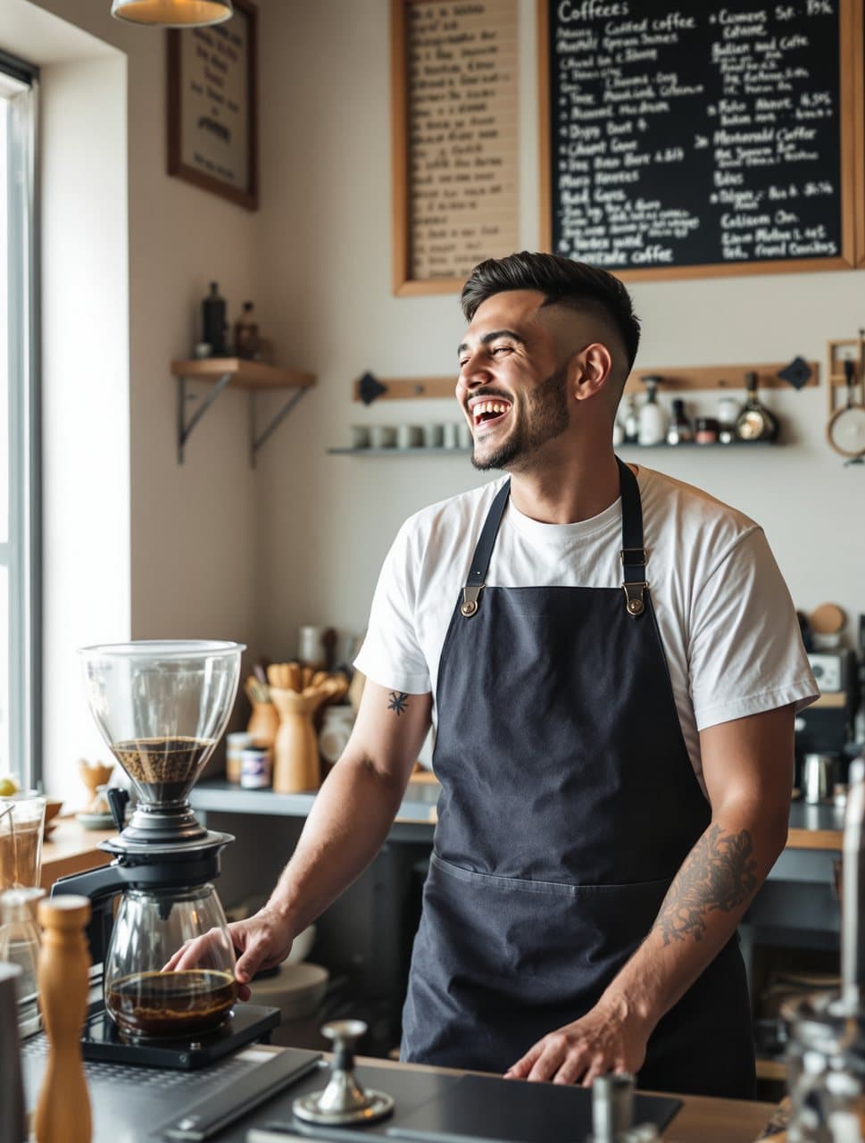 Seorang barista tertawa di balik meja bar kedai kopi kecil