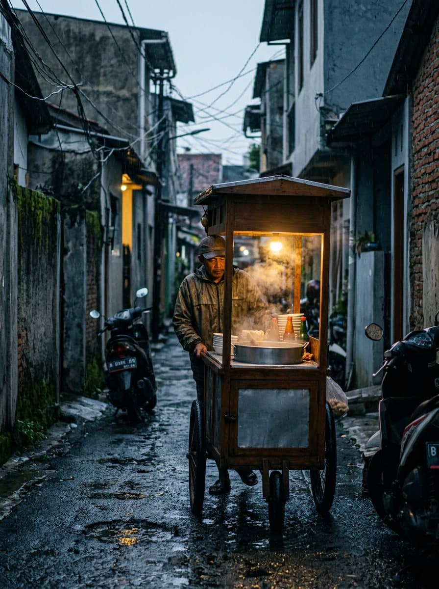 Penjual bakso mendorong gerobak yang lampunya menyala di gang sempit yang basah