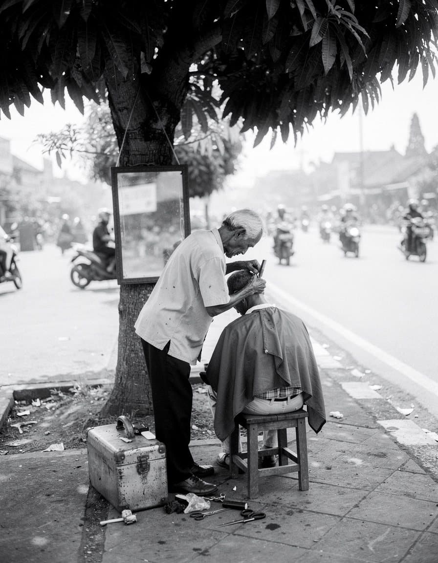 Foto hitam putih tukang cukur tua yang mencukur pelanggan di bawah pohon di pinggir jalan