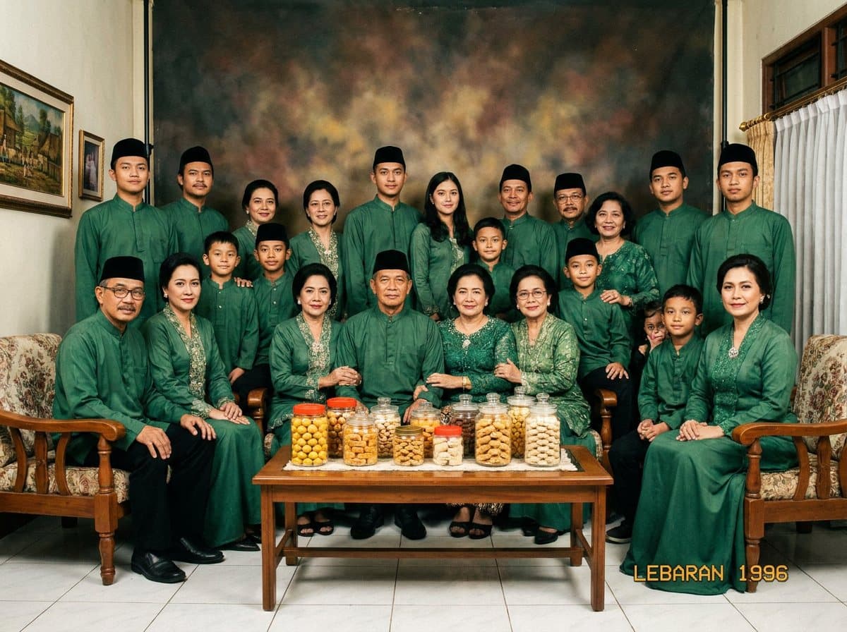 Keluarga besar berbaju hijau senada berfoto di ruang tamu dengan toples kue di meja