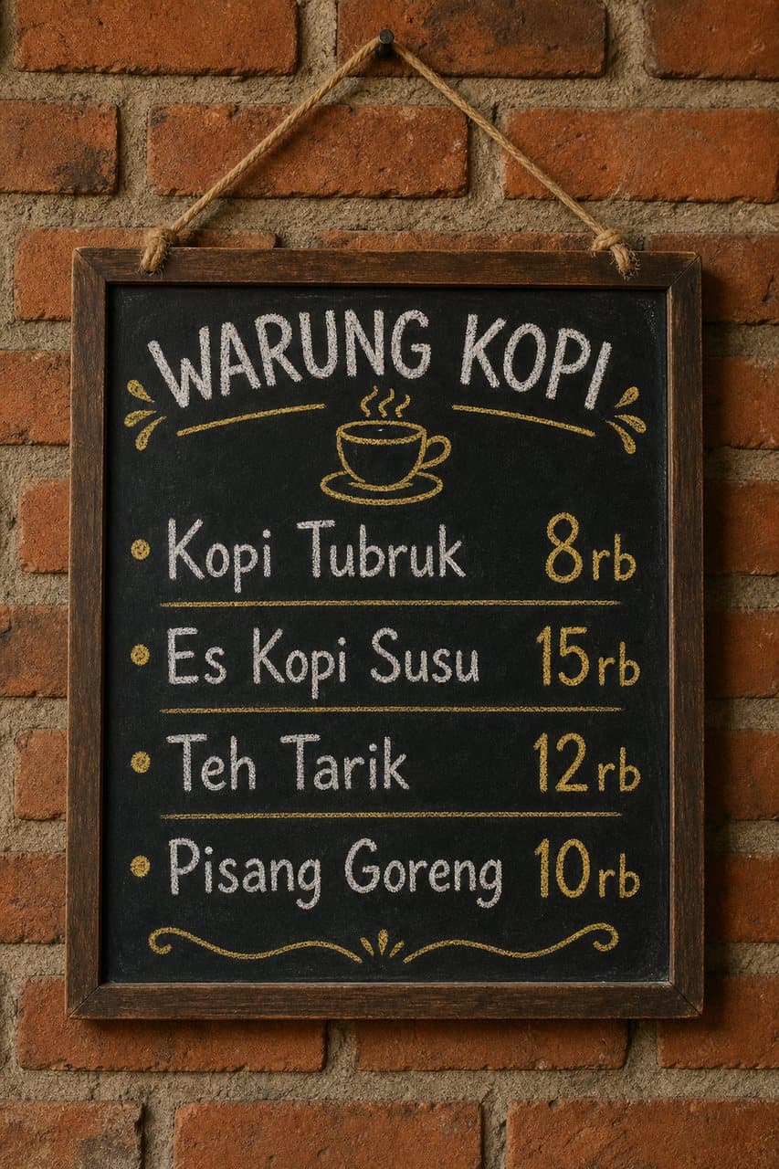 Papan tulis kapur berisi menu warung kopi beserta harganya, digantung di dinding bata