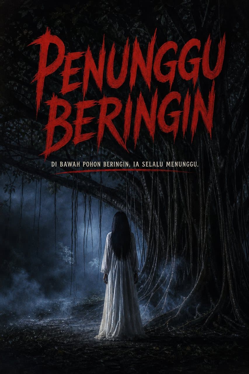 Poster film horor berjudul Penunggu Beringin dengan perempuan bergaun putih di bawah pohon beringin