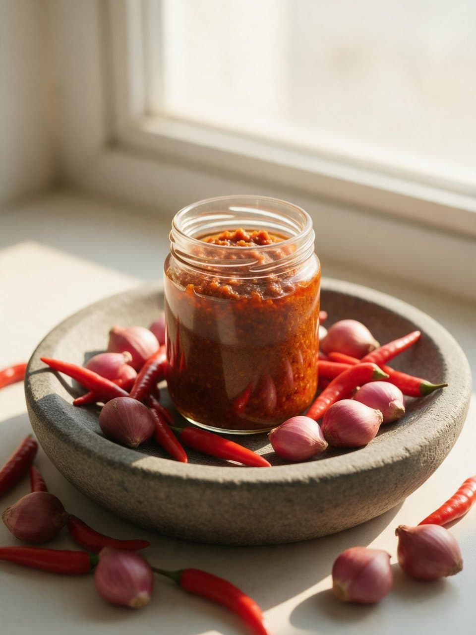 Botol kaca berisi sambal di atas cobek batu, dikelilingi cabai rawit dan bawang merah