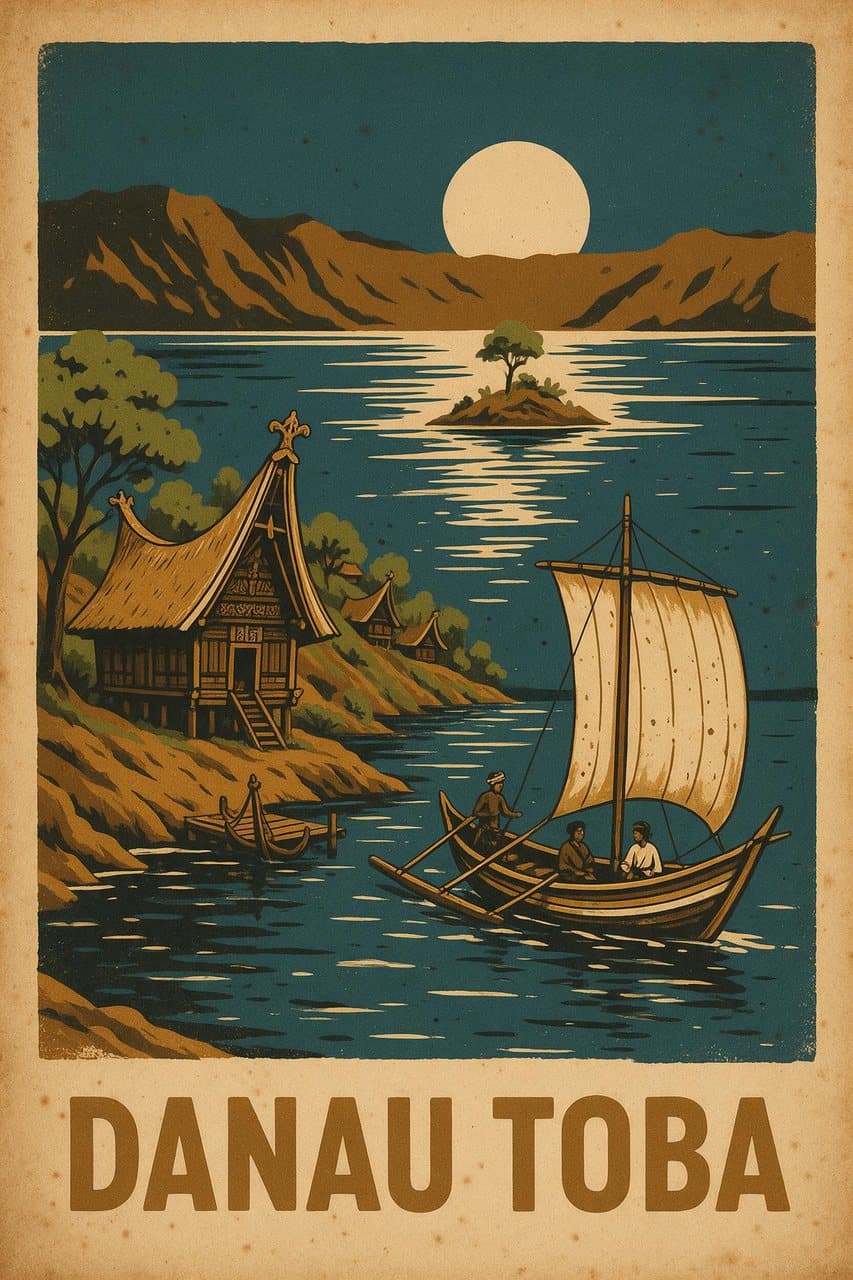 Poster wisata retro bergaya sablon dengan kapal kayu dan rumah adat Batak di Danau Toba