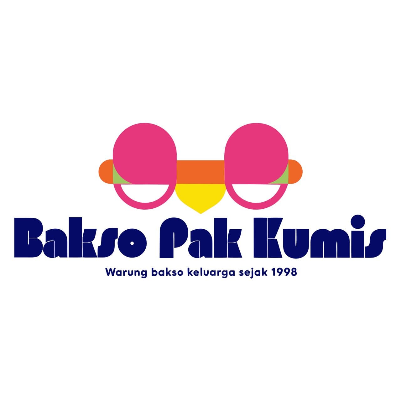 Logo Bakso Pak Kumis: kumis tebal merah muda dan oranye di atas nama warung dan tulisan warung bakso keluarga sejak 1998