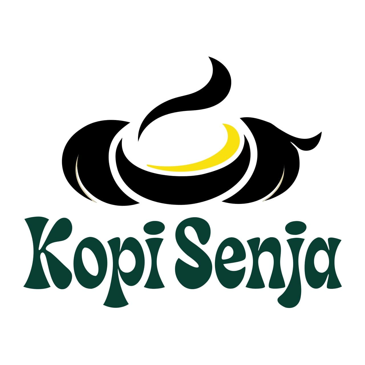 Logo Kopi Senja: cangkir kopi beruap bergaya gambar tangan di atas nama kedai berwarna hijau tua