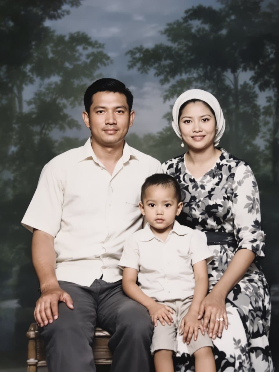 Potret keluarga yang sudah diperbaiki dan diwarnai: ayah berkemeja putih, ibu berkerudung putih, dan anak laki-laki di depan latar pepohonan
