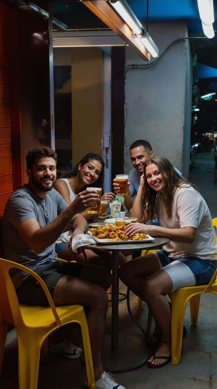 Foto de quatro amigos brindando numa mesa de bar com cadeiras amarelas