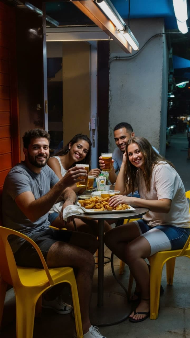Clipe de quatro amigos brindando e rindo numa mesa de bar na calçada