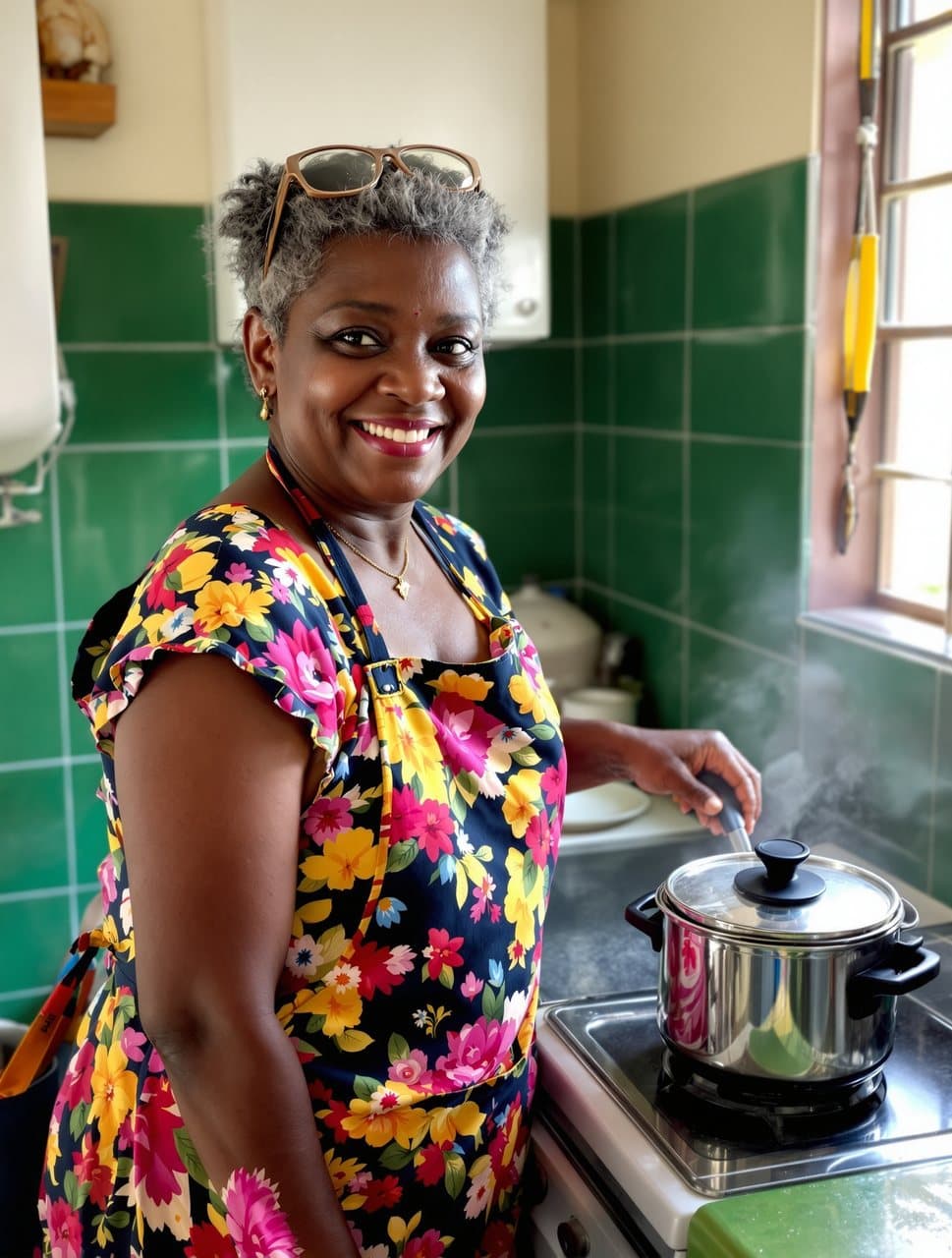 Foto de uma senhora de avental florido sorrindo na cozinha de azulejos verdes