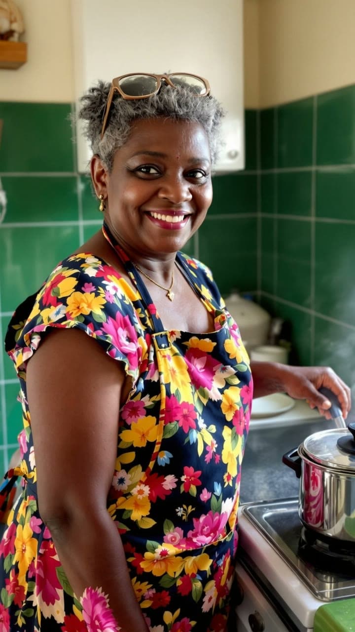 Clipe de uma senhora de avental florido na cozinha, mexendo a panela e olhando para a câmera