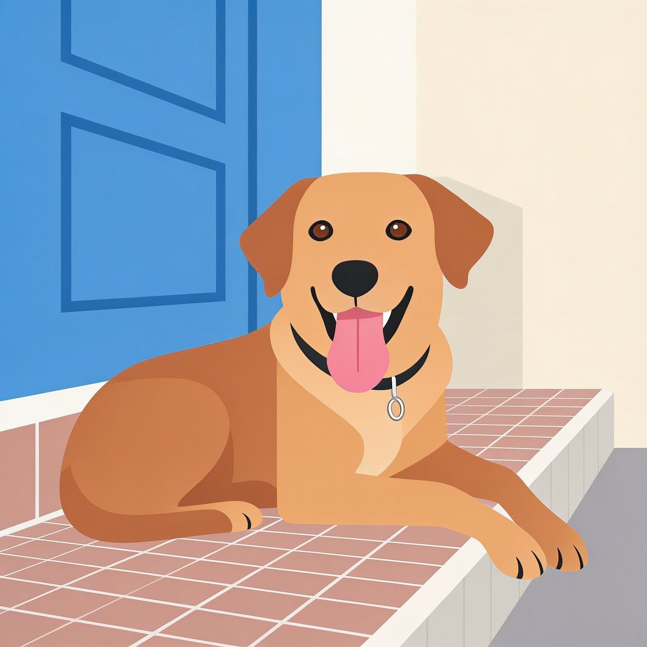 Ilustração flat de um vira-lata caramelo deitado na porta de uma padaria de portas azuis