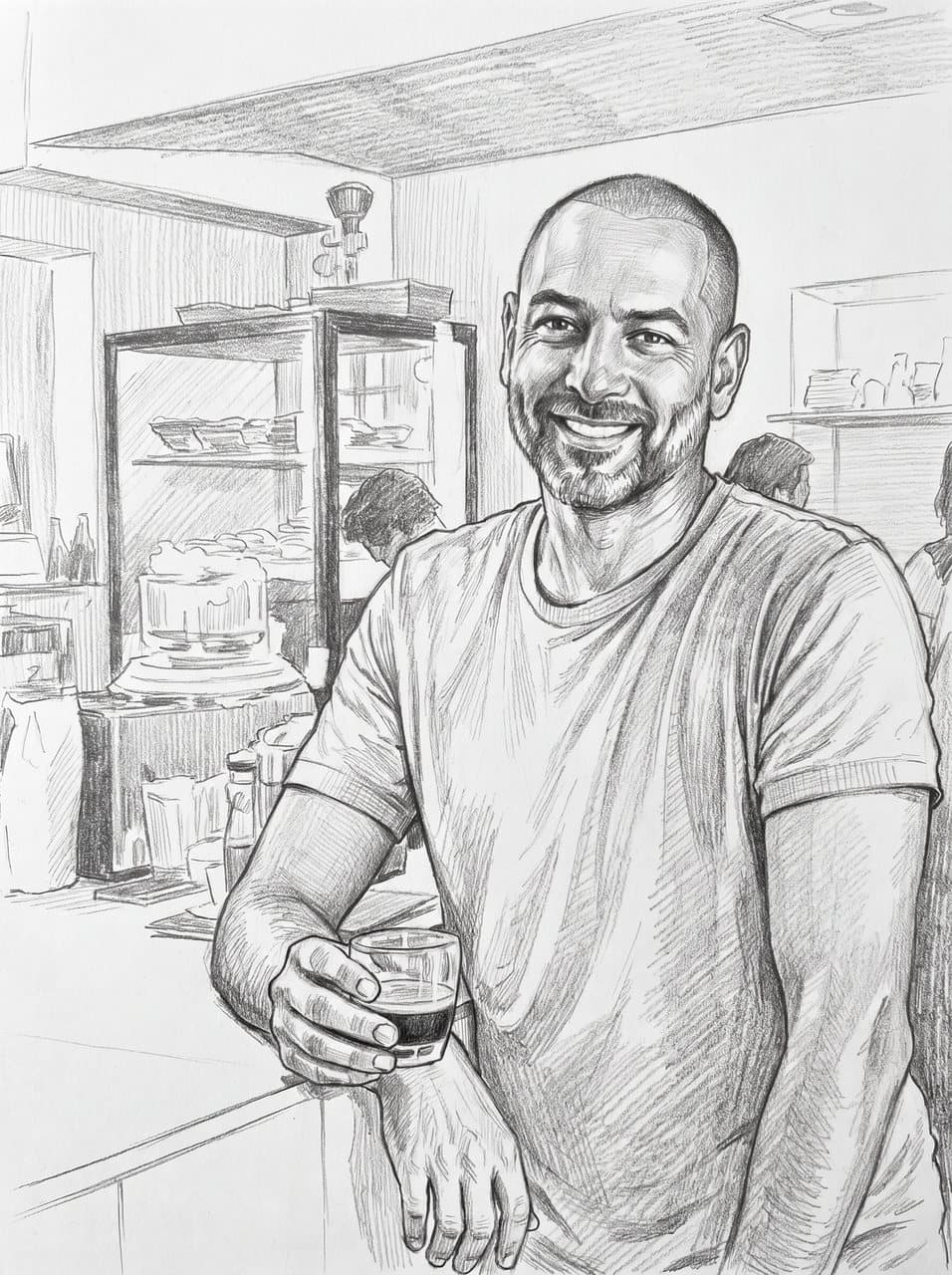Desenho a lápis de um homem careca de camiseta lisa encostado no balcão de um bar com um cafezinho