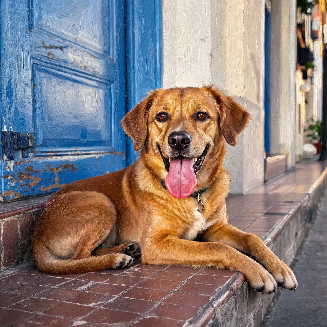 Pintura a óleo de um vira-lata caramelo deitado na porta de uma padaria