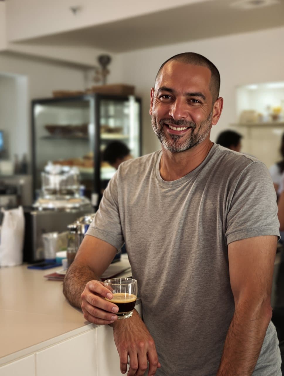 Foto de um homem careca de camiseta cinza lisa no balcão de um bar, segurando um cafezinho