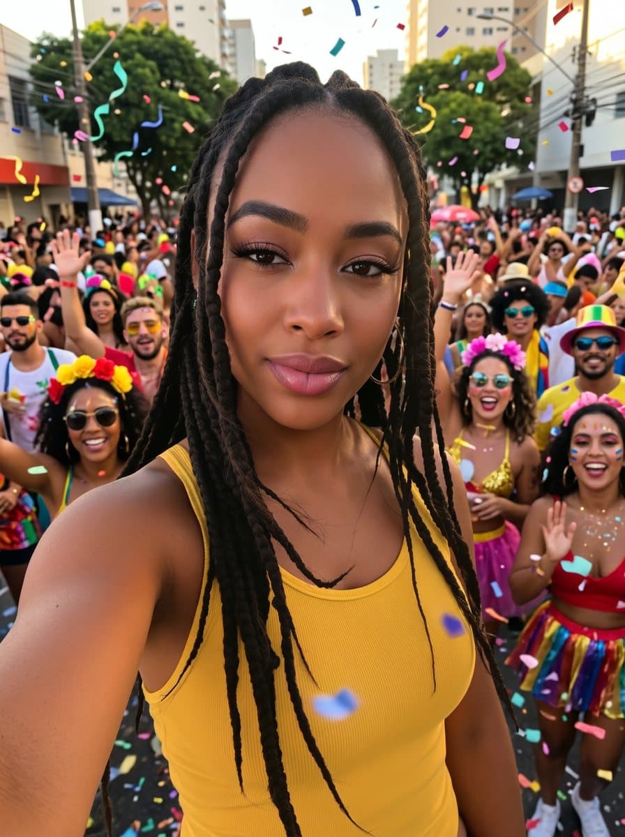 A mesma moça de tranças e regata amarela, agora no meio de um bloco de carnaval com confete caindo