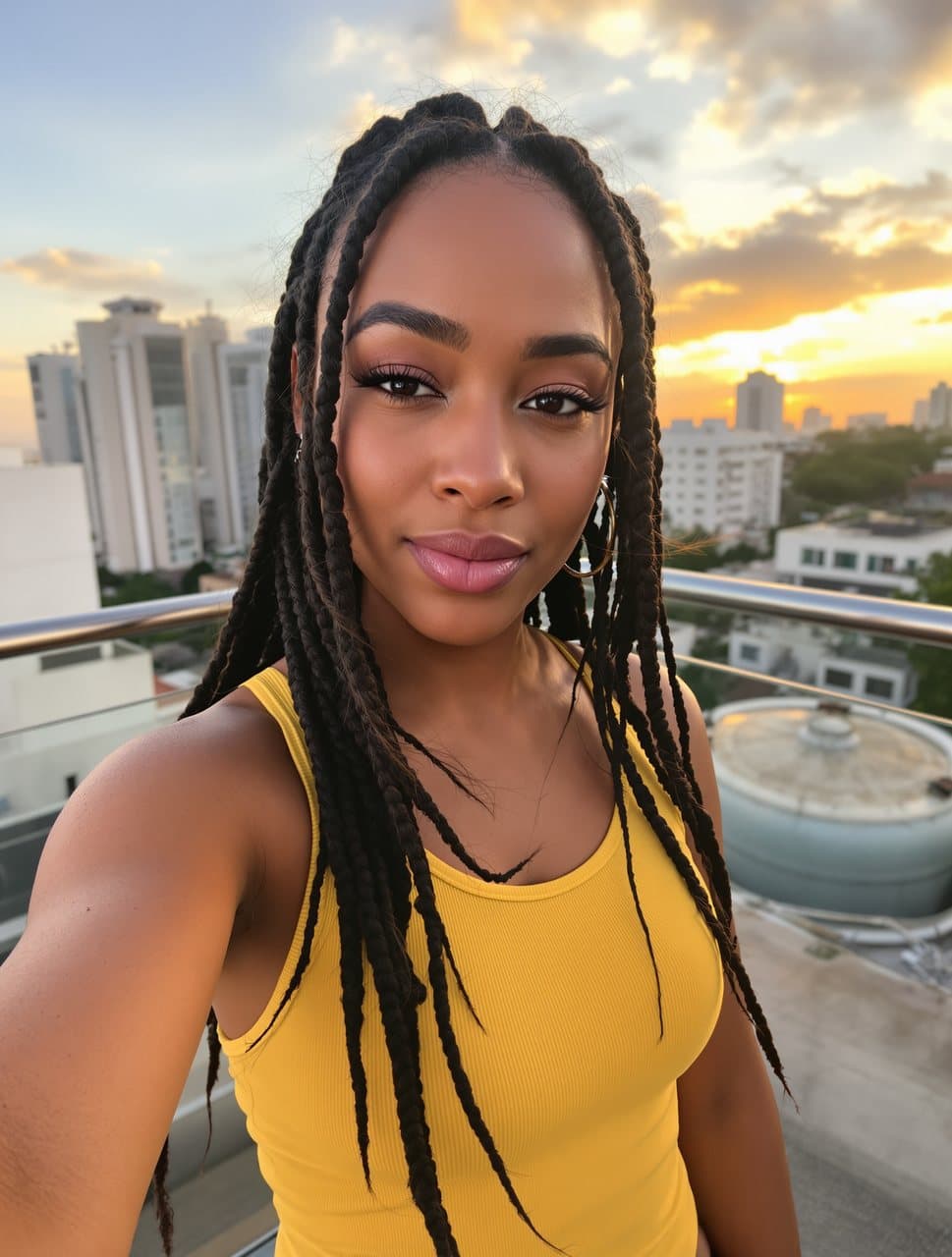 Selfie de uma moça de tranças e regata amarela num terraço em São Paulo