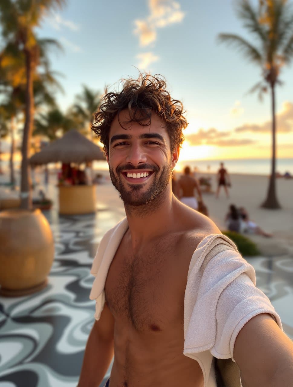 Foto de um rapaz de cabelo cacheado sem camisa, com uma toalha no ombro, na orla ao pôr do sol