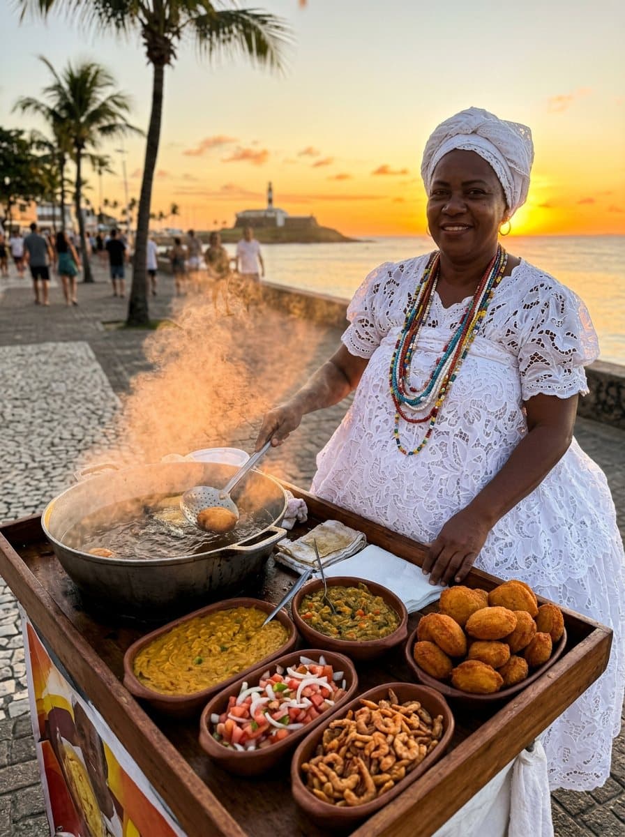 Uma baiana de roupa branca fritando acarajé no tabuleiro, na orla, ao pôr do sol
