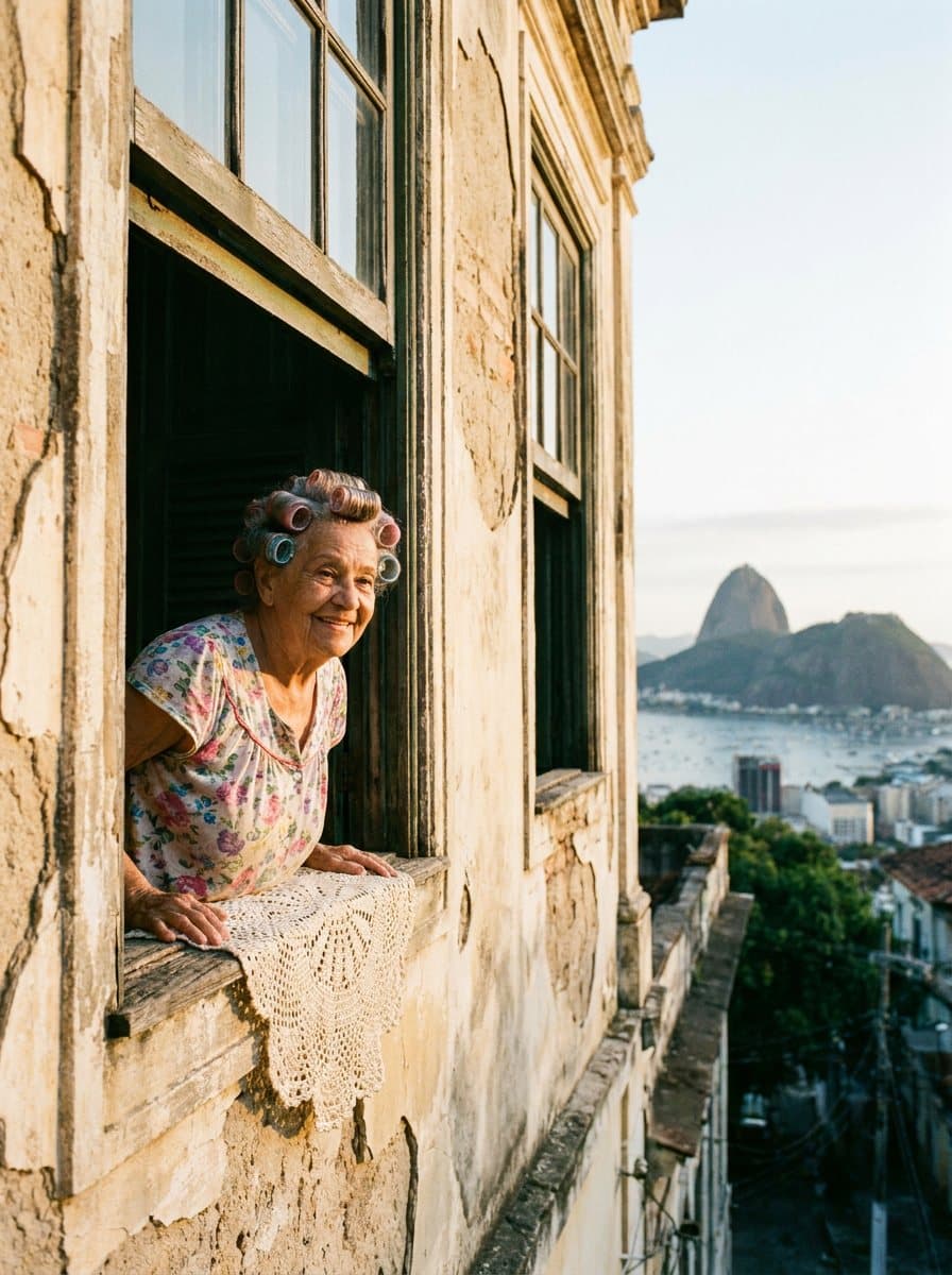 Uma senhora de bobes no cabelo debruçada na janela de um prédio antigo, com o Pão de Açúcar ao fundo