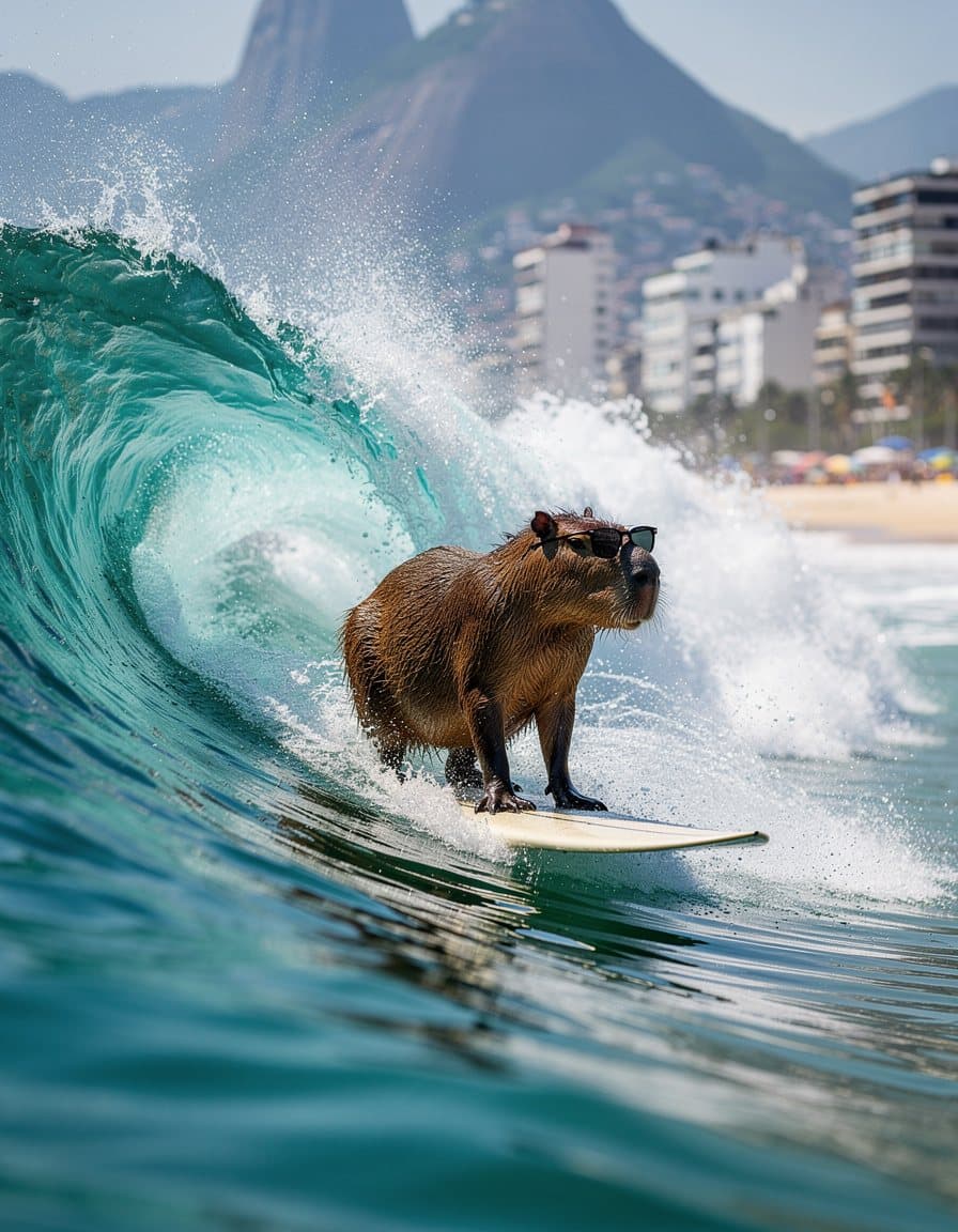 Uma capivara de óculos escuros surfando dentro de uma onda, com prédios da orla ao fundo
