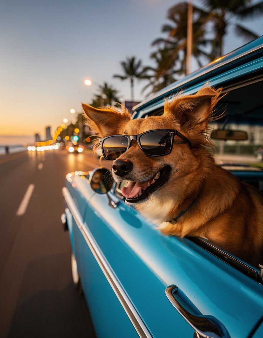 Um vira-lata caramelo de óculos escuros com a cabeça para fora da janela de um carro antigo azul
