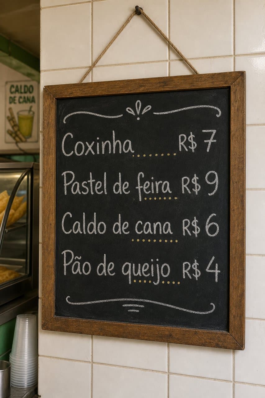 Quadro-negro escrito a giz com os preços de coxinha, pastel, caldo de cana e pão de queijo
