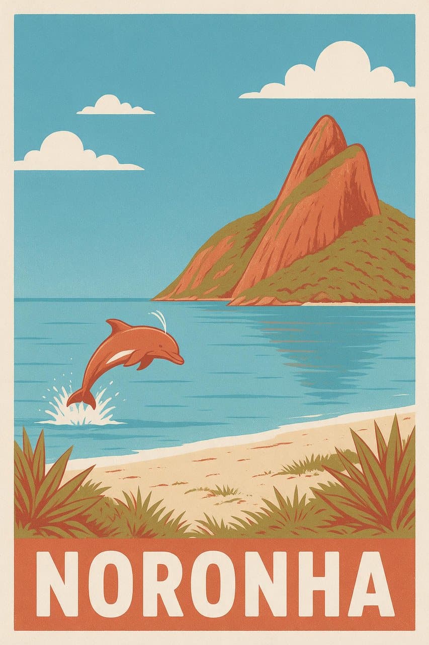Pôster retrô em serigrafia com o Morro Dois Irmãos e um golfinho saltando, escrito Noronha