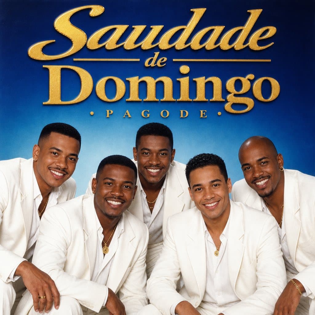 Capa de disco Saudade de Domingo com cinco amigos de terno branco num fundo azul