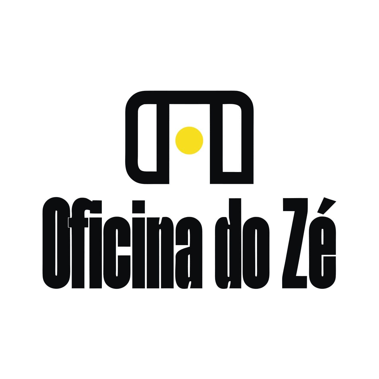 Logo da Oficina do Zé: um símbolo geométrico preto com um ponto amarelo acima do nome em letras condensadas