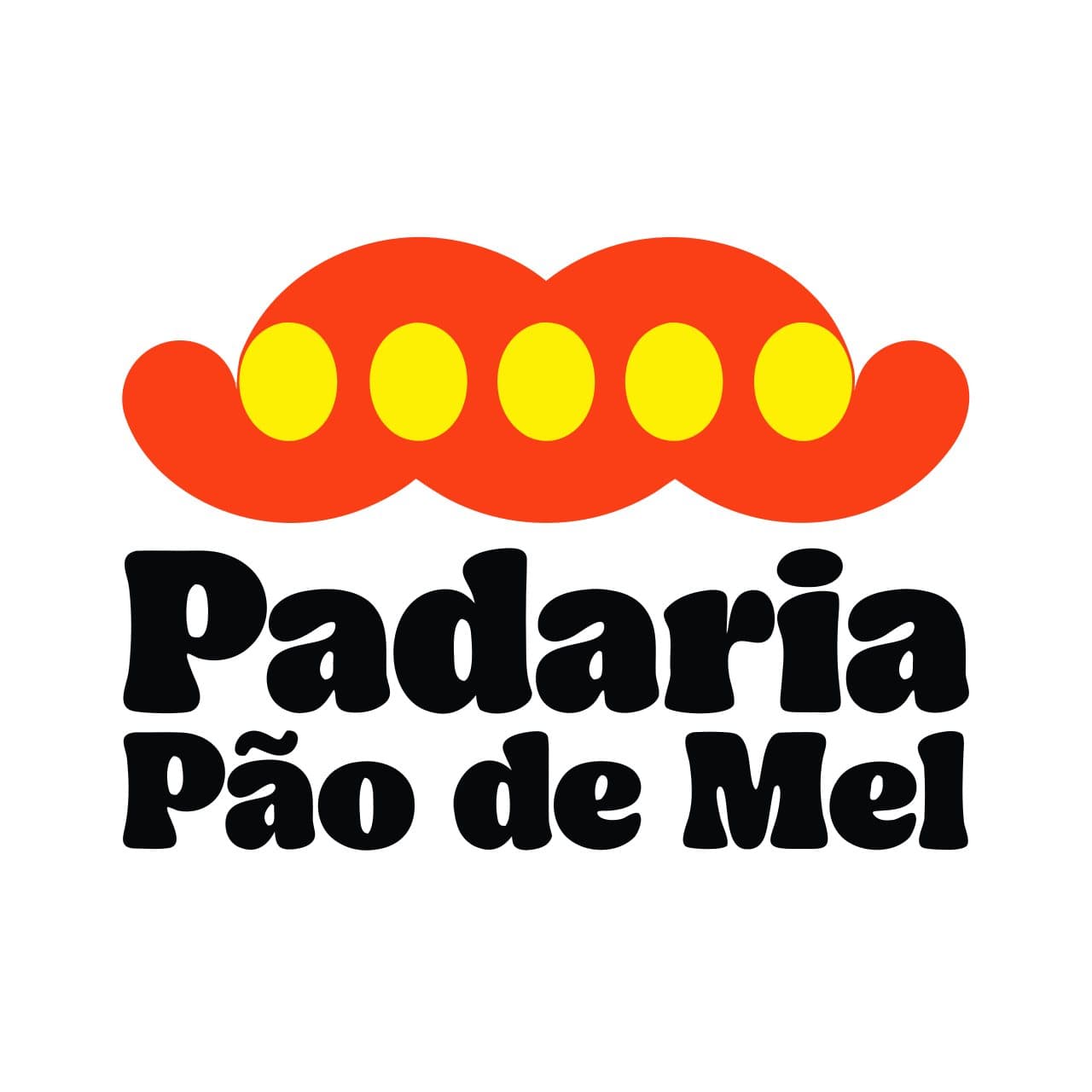 Logo da Padaria Pão de Mel: uma fileira de pães amarelos sobre fundo vermelho acima do nome